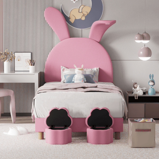 Cama de veludo para criança - 90x200 cm - orelhas de coelho dobráveis com LED - 2 bancos com arrumação - Rosa