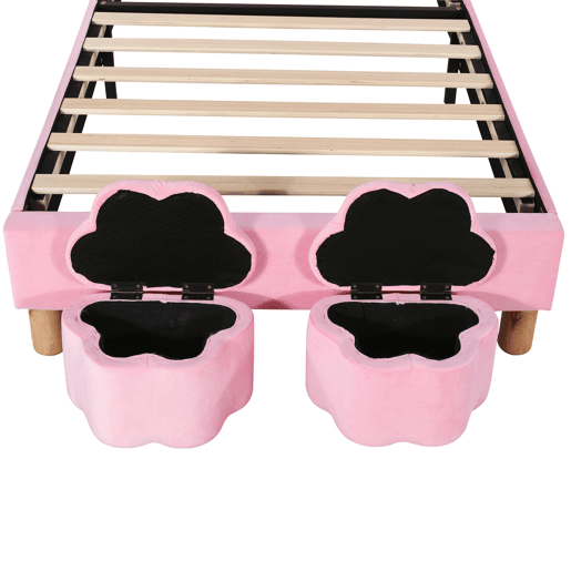 Cama de veludo para criança - 90x200 cm - orelhas de coelho dobráveis com LED - 2 bancos com arrumação - Rosa