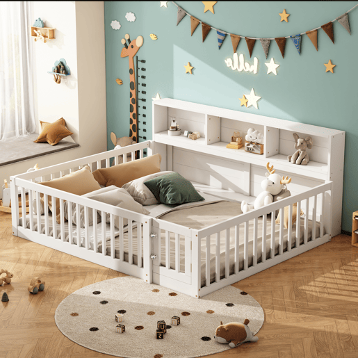 Cama de madeira 140x200cm - com cabeceira com arrumação e estrado de ripas - Branco