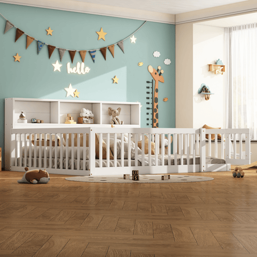 Cama de madeira 140x200cm - com cabeceira com arrumação e estrado de ripas - Branco