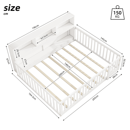 Cama de madeira 140x200cm - com cabeceira com arrumação e estrado de ripas - Branco