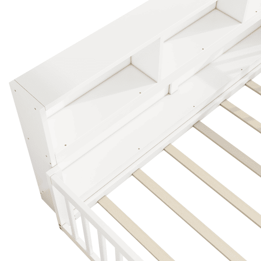Cama de madeira 140x200cm - com cabeceira com arrumação e estrado de ripas - Branco