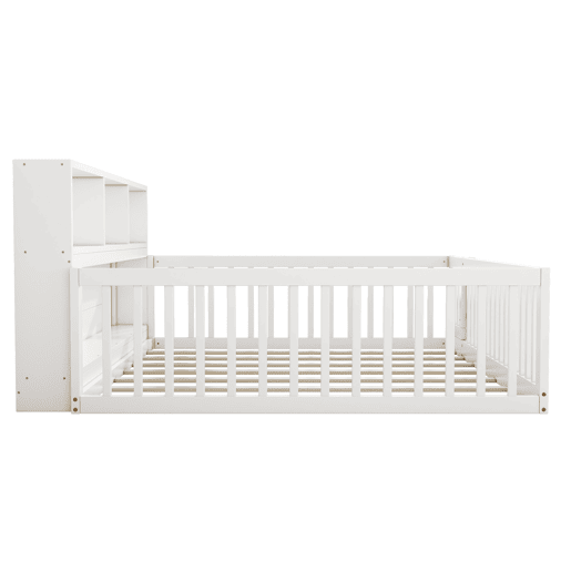 Cama de madeira 140x200cm - com cabeceira com arrumação e estrado de ripas - Branco