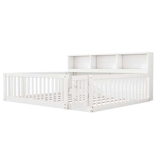 Cama de madeira 140x200cm - com cabeceira com arrumação e estrado de ripas - Branco
