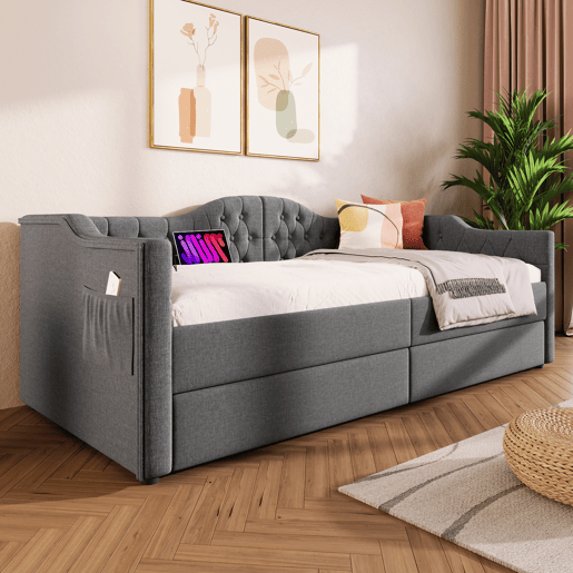 Lit avec tiroirs 90x200cm estofado em linho - com função de carga e estrado de ripas - Cinzento (colchão não incluído)