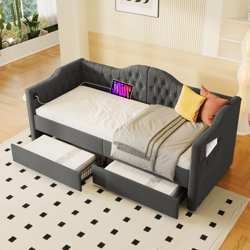 Lit avec tiroirs 90x200cm estofado em linho - com função de carga e estrado de ripas - Cinzento (colchão não incluído)