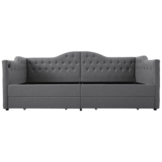 Lit avec tiroirs 90x200cm estofado em linho - com função de carga e estrado de ripas - Cinzento (colchão não incluído)