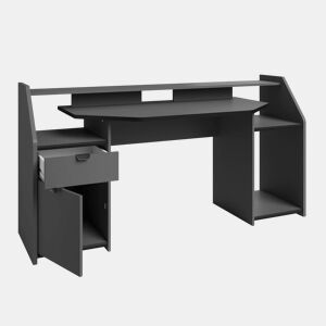 Mesa Gamer Grande com Gaveta e Armário com Porta Dobrável em Cinza com LED 98x180x67 cm