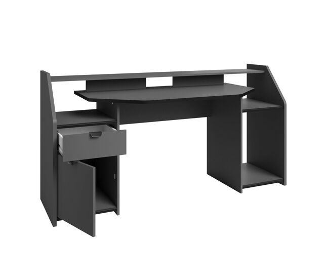 Mesa escritorio gaming grande con cajón y armario con puerta abatible en color gris con led 98x180x67 cm