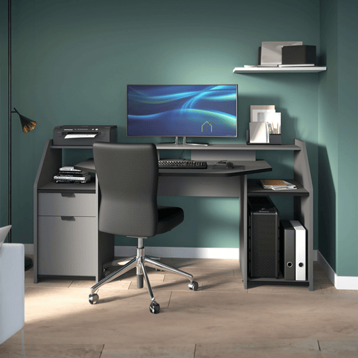 Mesa Gamer Grande com Gaveta e Armário com Porta Dobrável em Cinza com LED 98x180x67 cm Mesa Gamer Grande com Gaveta e Armário com Porta Dobrável em Cinza com LED 98x180x67 cm