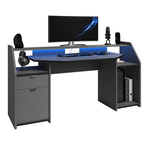 Mesa Gamer Grande com Gaveta e Armário com Porta Dobrável em Cinza com LED 98x180x67 cm Mesa Gamer Grande com Gaveta e Armário com Porta Dobrável em Cinza com LED 98x180x67 cm