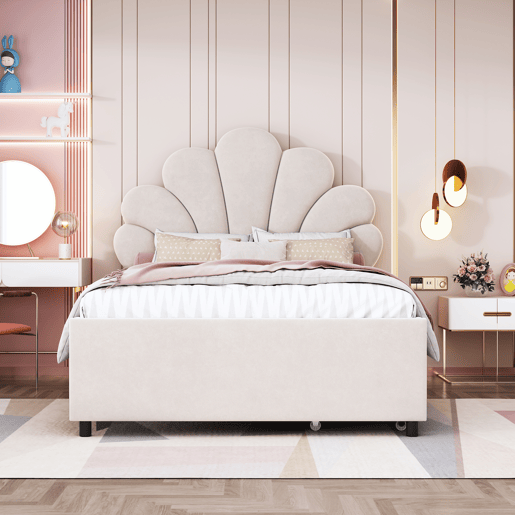 Cama individual estofada em veludo com 2 gavetas - 90x200cm - cabeceira em forma de flor - com estrado de molas - Bege