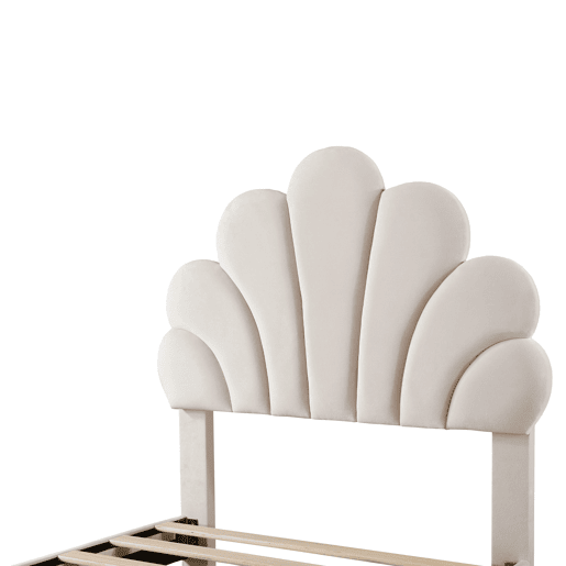 Cama individual estofada em veludo com 2 gavetas - 90x200cm - cabeceira em forma de flor - com estrado de molas - Bege