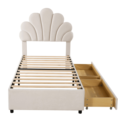 Cama individual estofada em veludo com 2 gavetas - 90x200cm - cabeceira em forma de flor - com estrado de molas - Bege