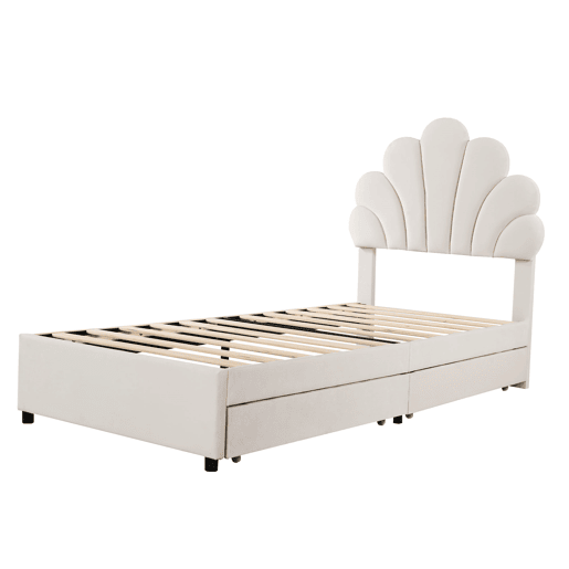 Cama individual estofada em veludo com 2 gavetas - 90x200cm - cabeceira em forma de flor - com estrado de molas - Bege