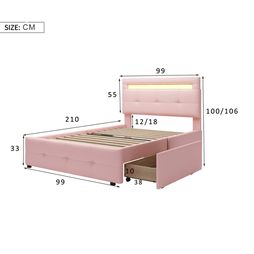 Cama individual 90x200 cm em tecido de linho com LED e 2 gavetas - Rosa