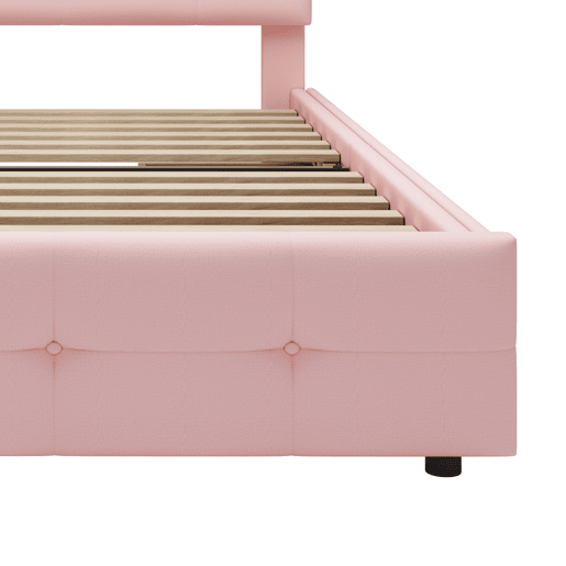 Cama individual 90x200 cm em tecido de linho com LED e 2 gavetas - Rosa