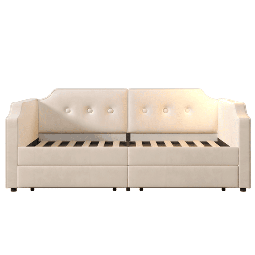 Sofá-cama de veludo 90x200 cm - com função de carga e LED - com base de ripas - Bege Sofá-cama de veludo 90x200 cm - com função de carga e LED - com base de ripas - Bege