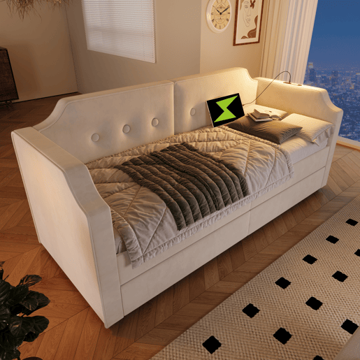 Sofá-cama de veludo 90x200 cm - com função de carga e LED - com base de ripas - Bege Sofá-cama de veludo 90x200 cm - com função de carga e LED - com base de ripas - Bege