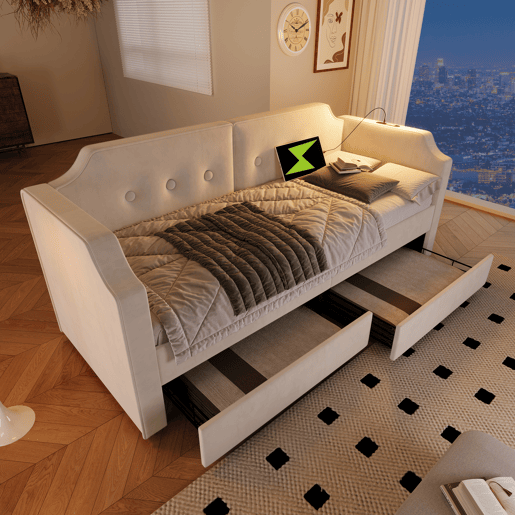 Sofá-cama de veludo 90x200 cm - com função de carga e LED - com base de ripas - Bege Sofá-cama de veludo 90x200 cm - com função de carga e LED - com base de ripas - Bege