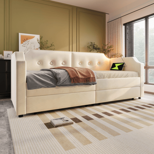 Sofá-cama de veludo 90x200 cm - com função de carga e LED - com base de ripas - Bege Sofá-cama de veludo 90x200 cm - com função de carga e LED - com base de ripas - Bege