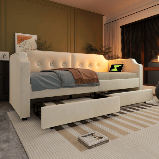Sofá-cama de veludo 90x200 cm - com função de carga e LED - com base de ripas - Bege Sofá-cama de veludo 90x200 cm - com função de carga e LED - com base de ripas - Bege