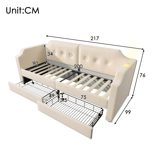 Sofá-cama de veludo 90x200 cm - com função de carga e LED - com base de ripas - Bege Sofá-cama de veludo 90x200 cm - com função de carga e LED - com base de ripas - Bege