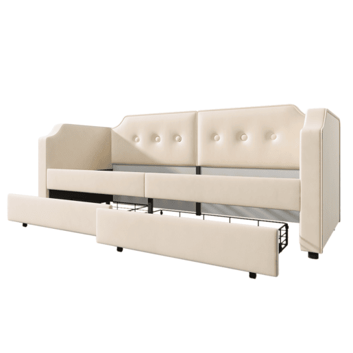 Sofá-cama de veludo 90x200 cm - com função de carga e LED - com base de ripas - Bege Sofá-cama de veludo 90x200 cm - com função de carga e LED - com base de ripas - Bege
