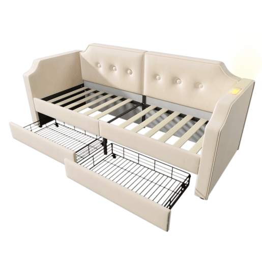 Sofá-cama de veludo 90x200 cm - com função de carga e LED - com base de ripas - Bege Sofá-cama de veludo 90x200 cm - com função de carga e LED - com base de ripas - Bege