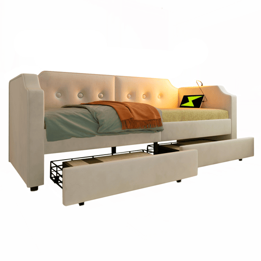 Sofá-cama de veludo 90x200 cm - com função de carga e LED - com base de ripas - Bege Sofá-cama de veludo 90x200 cm - com função de carga e LED - com base de ripas - Bege