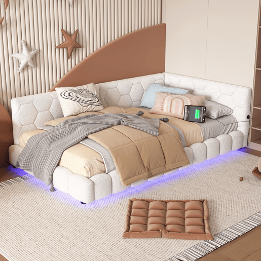 Sofá-cama de veludo 90x200 cm - com LED e porta USB - Branco