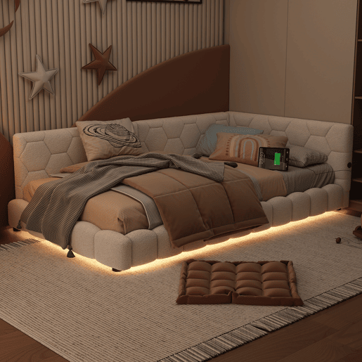 Sofá-cama de veludo 90x200 cm - com LED e porta USB - Branco