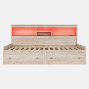 Sofá-cama 90x200 cm - com tomada USB e 2 gavetas - estrado de ripas - Natural