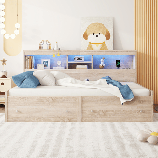 Sofá-cama 90x200 cm - com tomada USB e 2 gavetas - estrado de ripas - Natural Sofá-cama 90x200 cm - com tomada USB e 2 gavetas - estrado de ripas - Natural