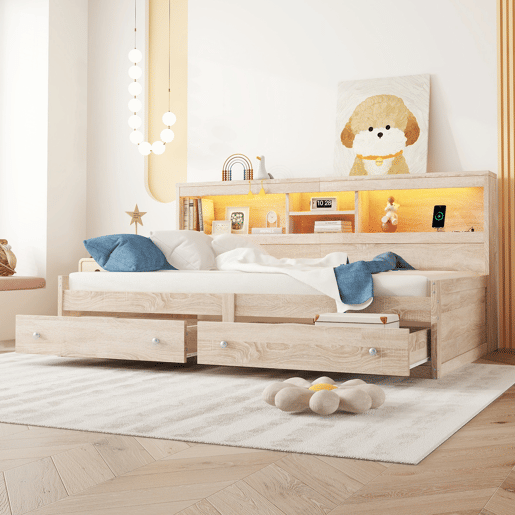 Sofá-cama 90x200 cm - com tomada USB e 2 gavetas - estrado de ripas - Natural Sofá-cama 90x200 cm - com tomada USB e 2 gavetas - estrado de ripas - Natural