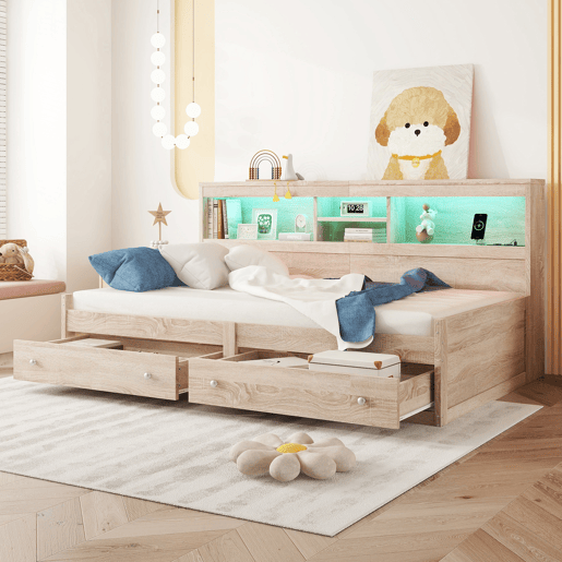 Sofá-cama 90x200 cm - com tomada USB e 2 gavetas - estrado de ripas - Natural Sofá-cama 90x200 cm - com tomada USB e 2 gavetas - estrado de ripas - Natural