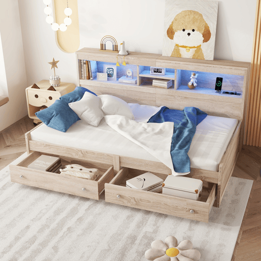 Sofá-cama 90x200 cm - com tomada USB e 2 gavetas - estrado de ripas - Natural Sofá-cama 90x200 cm - com tomada USB e 2 gavetas - estrado de ripas - Natural