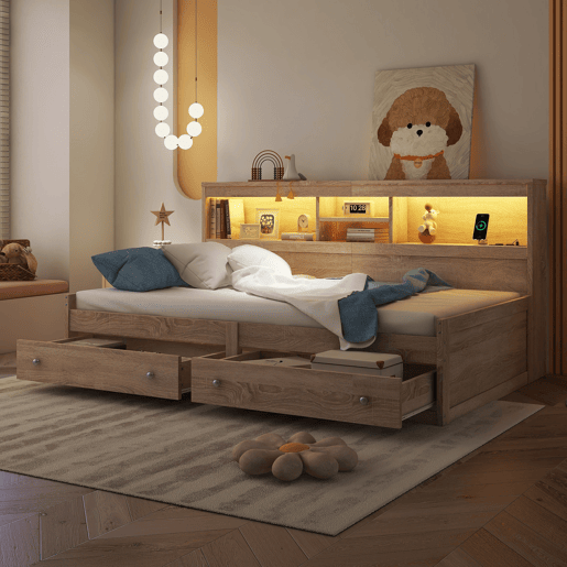 Sofá-cama 90x200 cm - com tomada USB e 2 gavetas - estrado de ripas - Natural Sofá-cama 90x200 cm - com tomada USB e 2 gavetas - estrado de ripas - Natural