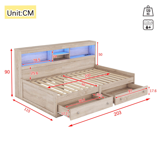 Sofá-cama 90x200 cm - com tomada USB e 2 gavetas - estrado de ripas - Natural Sofá-cama 90x200 cm - com tomada USB e 2 gavetas - estrado de ripas - Natural