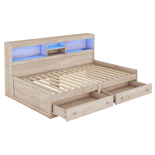 Sofá-cama 90x200 cm - com tomada USB e 2 gavetas - estrado de ripas - Natural Sofá-cama 90x200 cm - com tomada USB e 2 gavetas - estrado de ripas - Natural
