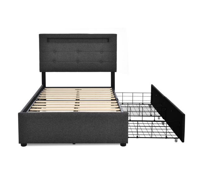 Cama contenedor de lino con led 90x200 cm + 2 cajones + somier - gris