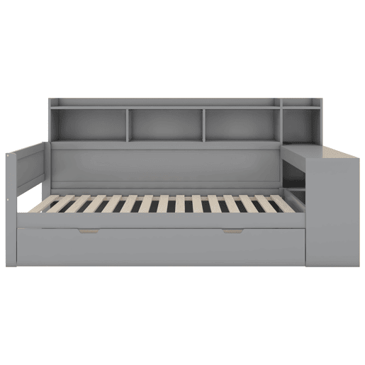 Sofá-cama 90x200 cm - secretária com tomada USB - 2 gavetas e prateleiras - Cinzento (colchão não incluído) Sofá-cama 90x200 cm - secretária com tomada USB - 2 gavetas e prateleiras - Cinzento (colchão não incluído)