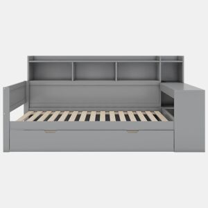 Sofá-cama 90x200 cm - secretária com tomada USB - 2 gavetas e prateleiras - Cinzento (colchão não incluído)