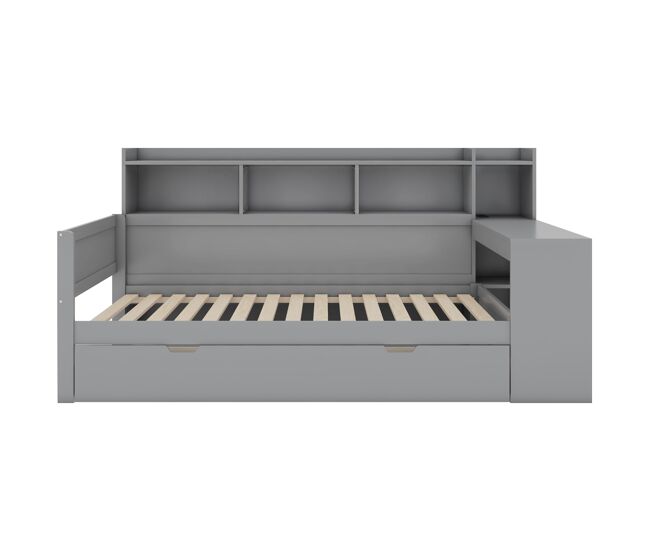 Sofá cama 90x200 cm - escritorio con toma usb - 2 cajones y estantes - gris (colchón no incluido)