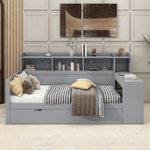 Sofá-cama 90x200 cm - secretária com tomada USB - 2 gavetas e prateleiras - Cinzento (colchão não incluído) Sofá-cama 90x200 cm - secretária com tomada USB - 2 gavetas e prateleiras - Cinzento (colchão não incluído)