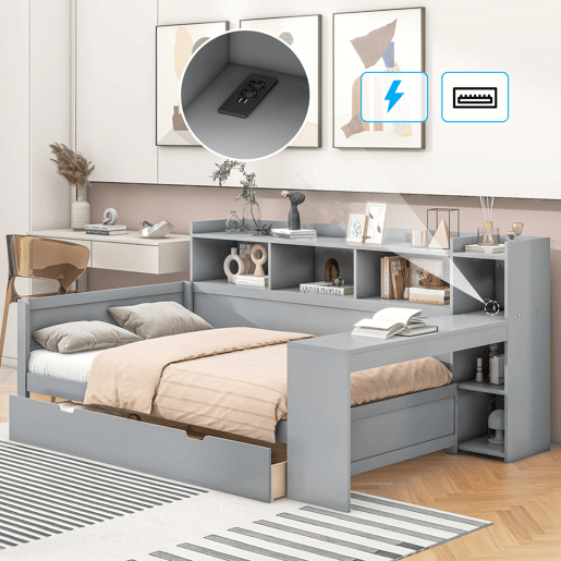 Sofá-cama 90x200 cm - secretária com tomada USB - 2 gavetas e prateleiras - Cinzento (colchão não incluído) Sofá-cama 90x200 cm - secretária com tomada USB - 2 gavetas e prateleiras - Cinzento (colchão não incluído)