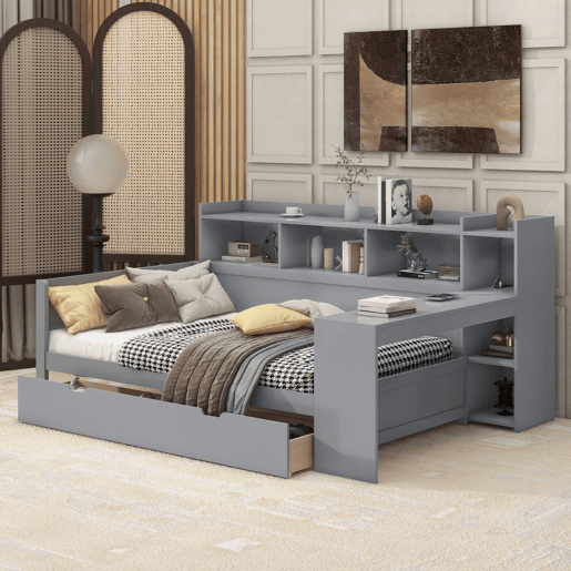 Sofá-cama 90x200 cm - secretária com tomada USB - 2 gavetas e prateleiras - Cinzento (colchão não incluído) Sofá-cama 90x200 cm - secretária com tomada USB - 2 gavetas e prateleiras - Cinzento (colchão não incluído)