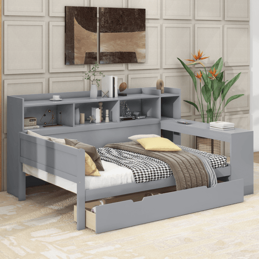Sofá-cama 90x200 cm - secretária com tomada USB - 2 gavetas e prateleiras - Cinzento (colchão não incluído) Sofá-cama 90x200 cm - secretária com tomada USB - 2 gavetas e prateleiras - Cinzento (colchão não incluído)