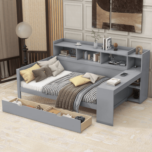 Sofá-cama 90x200 cm - secretária com tomada USB - 2 gavetas e prateleiras - Cinzento (colchão não incluído) Sofá-cama 90x200 cm - secretária com tomada USB - 2 gavetas e prateleiras - Cinzento (colchão não incluído)