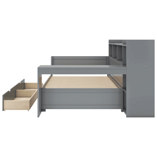 Sofá-cama 90x200 cm - secretária com tomada USB - 2 gavetas e prateleiras - Cinzento (colchão não incluído) Sofá-cama 90x200 cm - secretária com tomada USB - 2 gavetas e prateleiras - Cinzento (colchão não incluído)